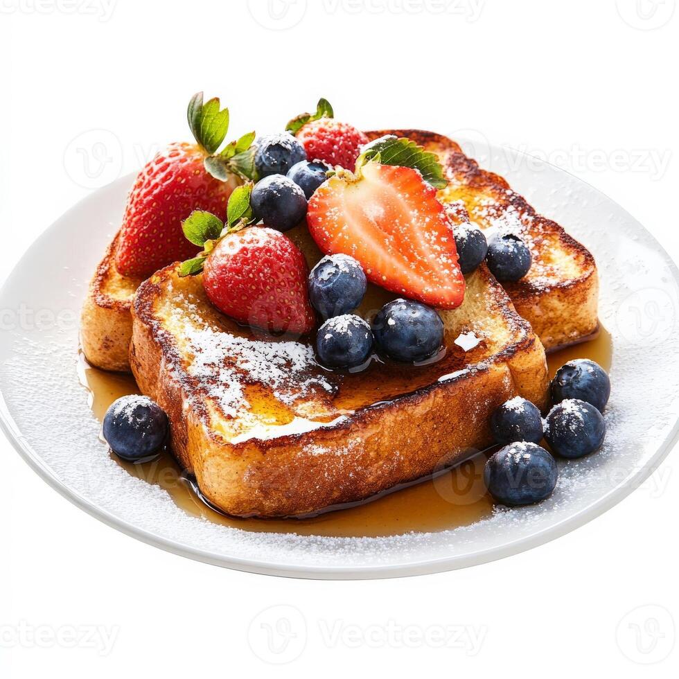 A plate of golden-brown French toast dusted with powdered sugar and topped with fresh strawberries, blueberries, and a drizzle of maple syrup. The thick slices of bread have a perfect custardy texture. Isolated on clean white background photo