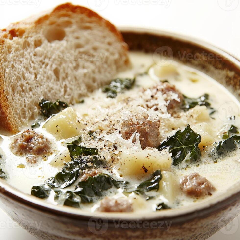 A close-up of a creamy zuppa toscana soup, a hearty Italian soup with sausage, kale, potatoes, and cream, simmered until thick and flavorful, garnished with grated parmesan cheese and crusty bread, served in a rustic bowl, isolated on clean white backgrou photo