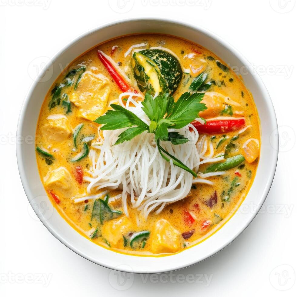 A Thai coconut curry, transformed with the addition of Japanese dashi broth and a touch of wasabi, served with rice noodles instead of white rice, an unusual and sophisticated fusion of Asian soup styles, isolated on a clean white background. photo