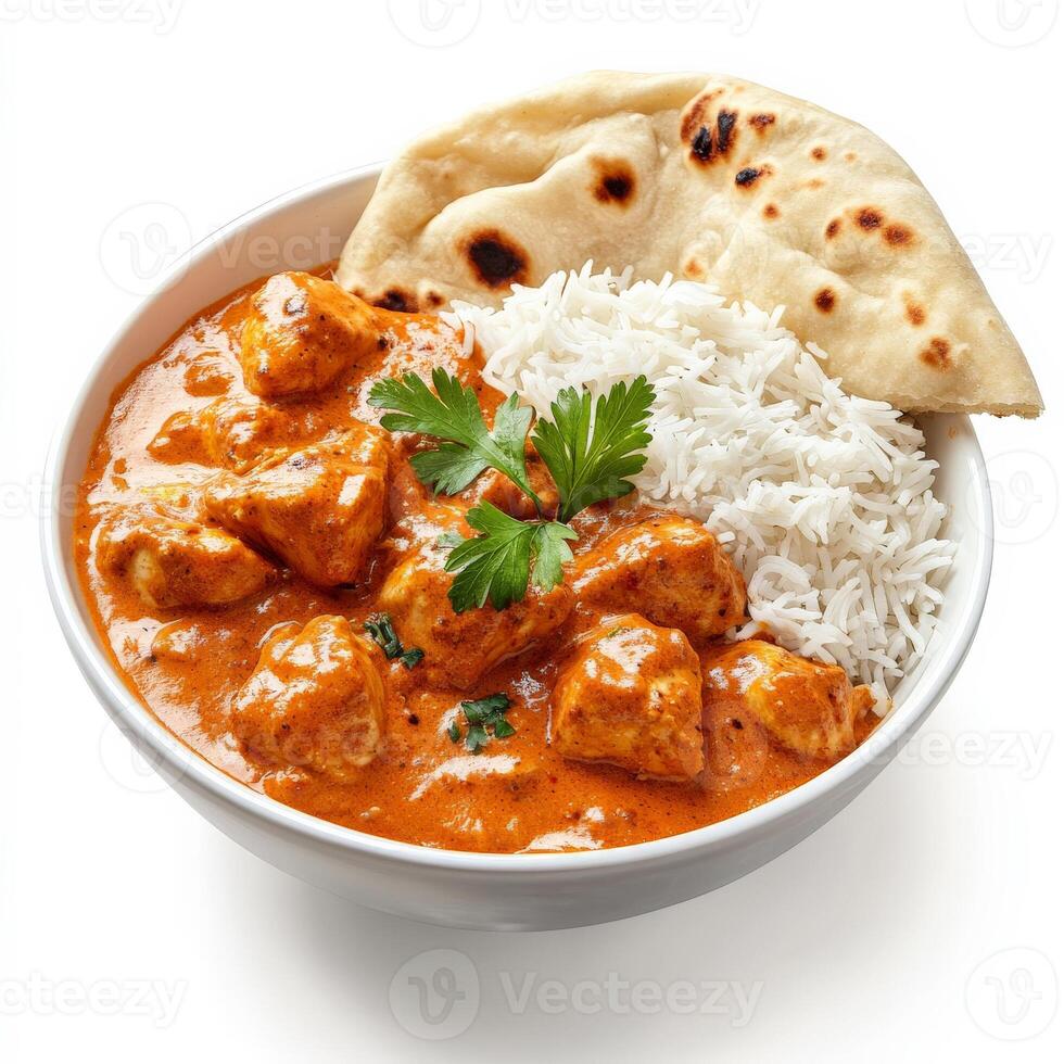 A bowl of homemade chicken tikka masala, with tender chunks of chicken simmered in a rich, spiced tomato cream sauce, served with fluffy basmati rice and warm naan bread. Isolated on clean white background photo