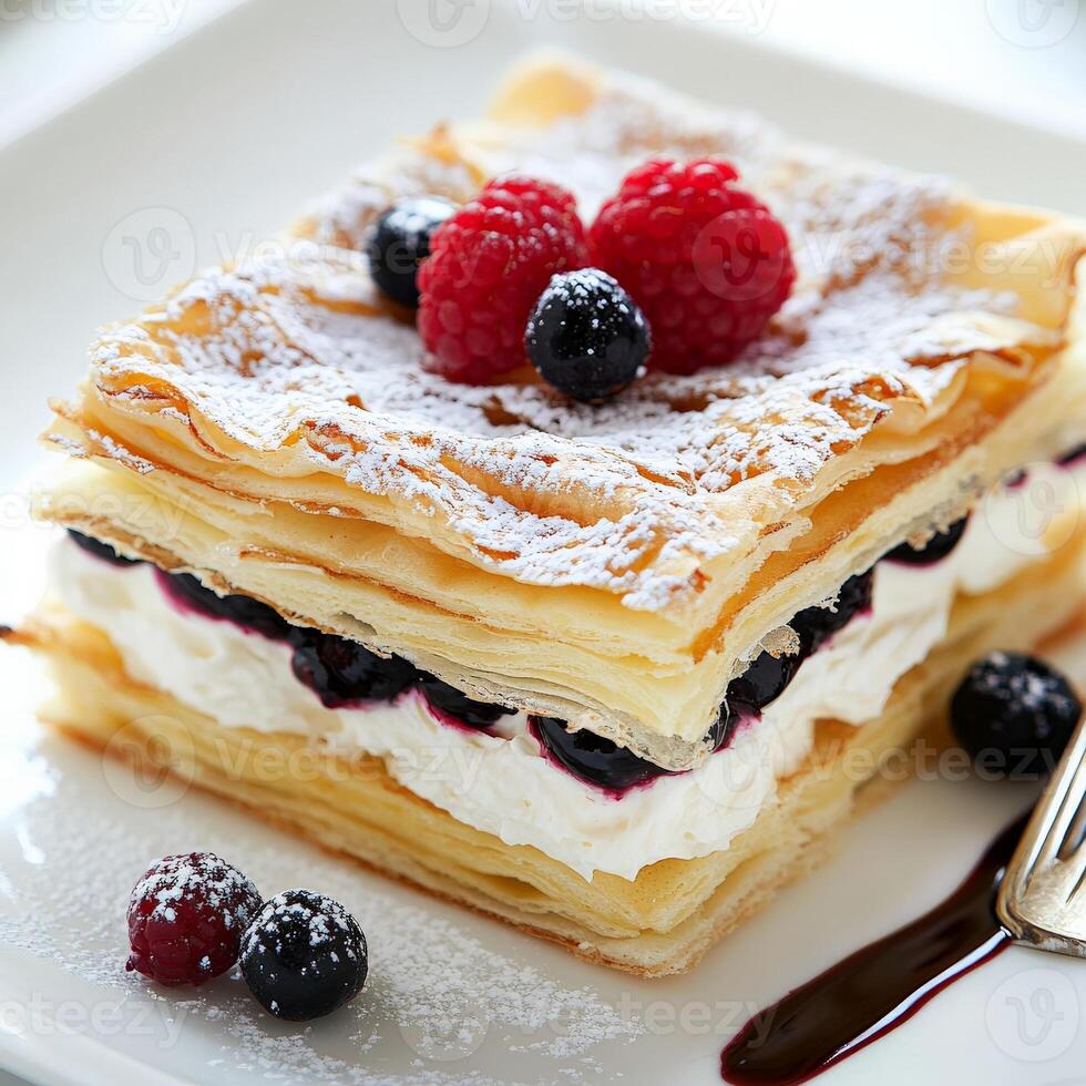 A close-up of a sweet and delicate millefoglie dessert, a classic Italian pastry, with layers of crisp puff pastry, filled with a creamy vanilla or pistachio pastry cream, and often topped with powdered sugar, fresh berries, or a drizzle of chocolate sauc photo