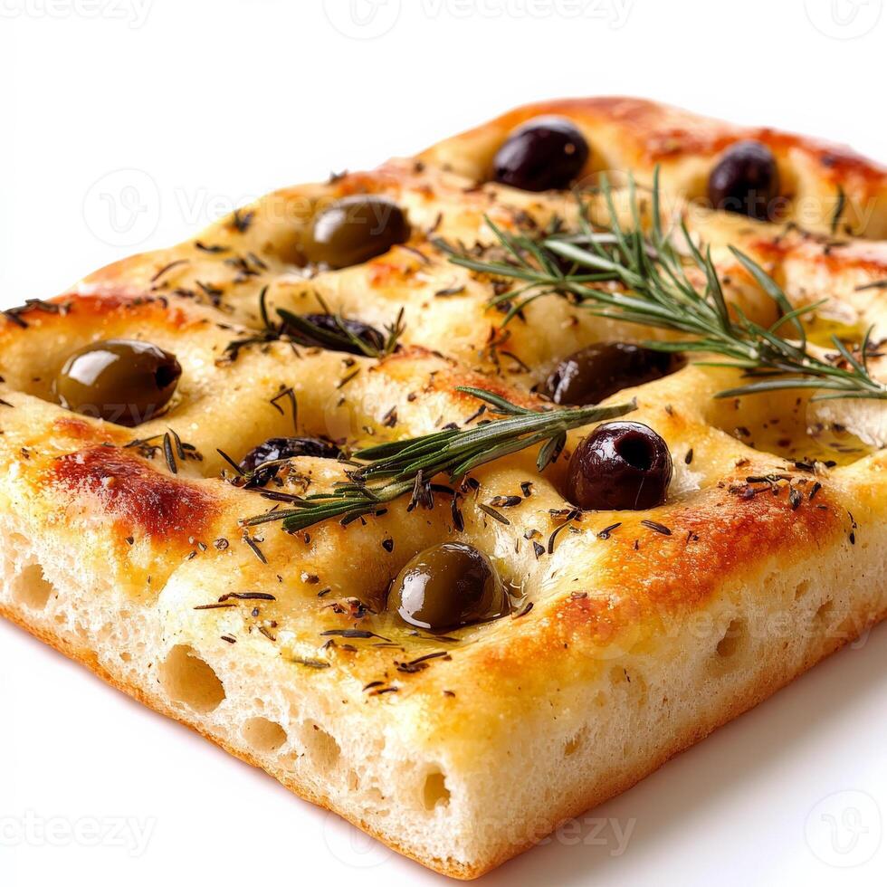 A close-up of a freshly baked focaccia bread, with a soft and airy interior and a golden crust, topped with herbs, olives, and a drizzle of olive oil, served warm and ready to be enjoyed, isolated on clean white background. photo