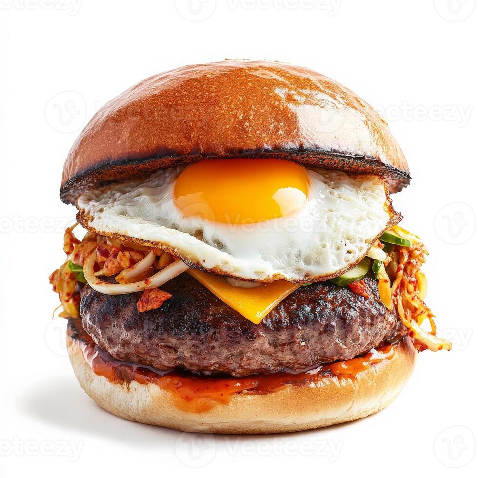 A burger infused with Korean flavors, featuring a juicy beef patty topped with kimchi, gochujang mayo, a fried egg, and a sesame-ginger slaw, served on a toasted brioche bun, a creative and indulgent combination of American and Korean comfort food, isolat photo