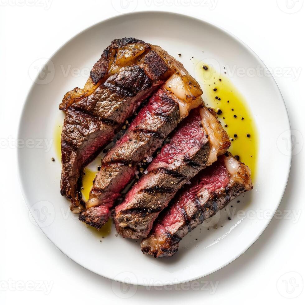 A plate of bistecca alla Fiorentina, a thick and juicy T-bone steak, grilled to perfection and seasoned with salt, pepper, and a drizzle of olive oil, a classic Florentine dish, served rare to medium-rare, isolated on clean white background. photo