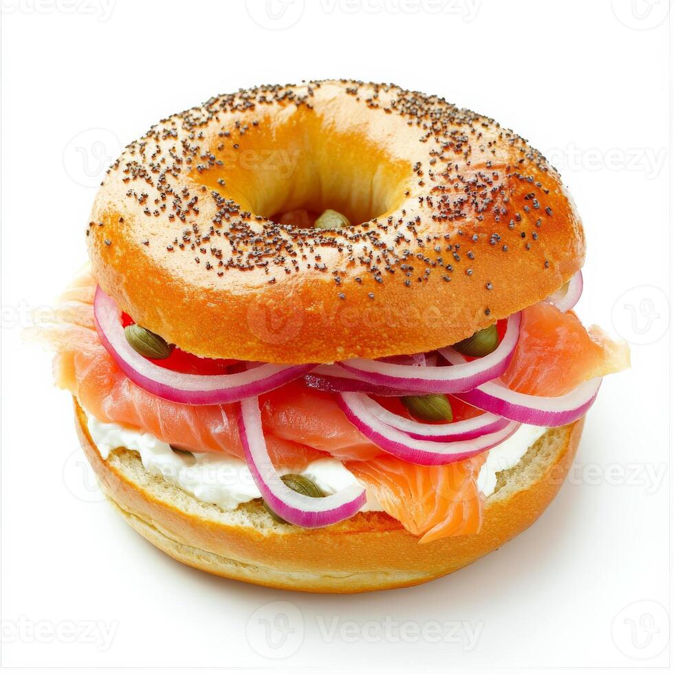 A gourmet bagel sandwich filled with smoked salmon, cream cheese, capers, and thinly sliced red onions. The bagel is golden and slightly crisp, making for a satisfying breakfast or brunch option. Isolated on clean white background photo