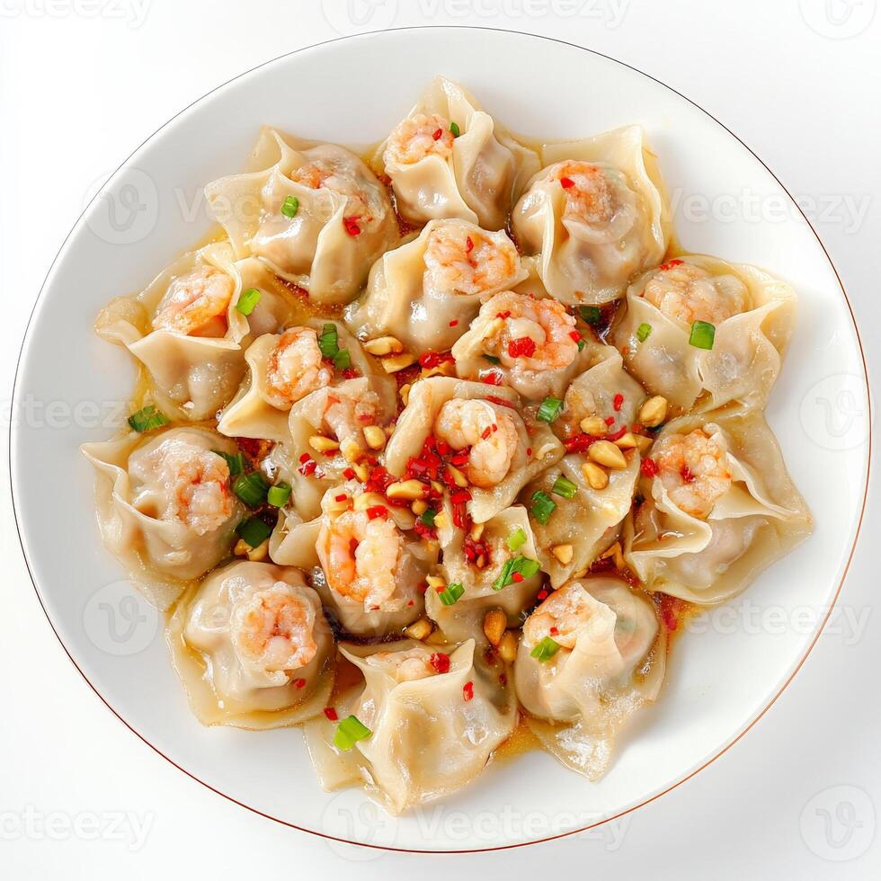 A plate of dim sum, infused with the spicy and savory flavors of Szechuan cuisine, featuring steamed dumplings filled with pork, shrimp, and vegetables, tossed in a chili oil sauce with peanuts and Szechuan peppercorns, a bold and aromatic take on a Chine photo
