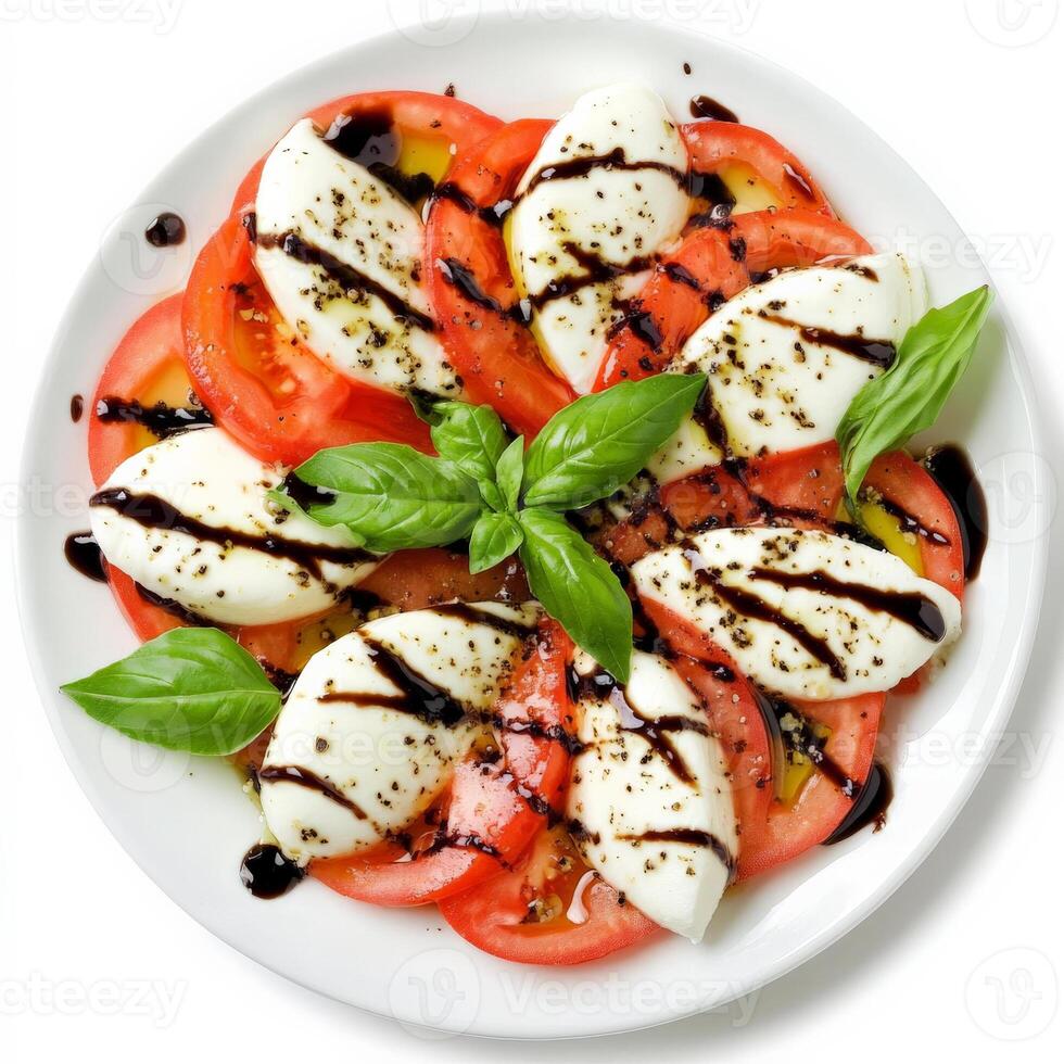A rustic Caprese salad with thick slices of ripe tomatoes, creamy mozzarella, fresh basil leaves, and a drizzle of extra virgin olive oil and balsamic glaze. A simple yet flavorful Italian dish. Isolated on clean white background photo