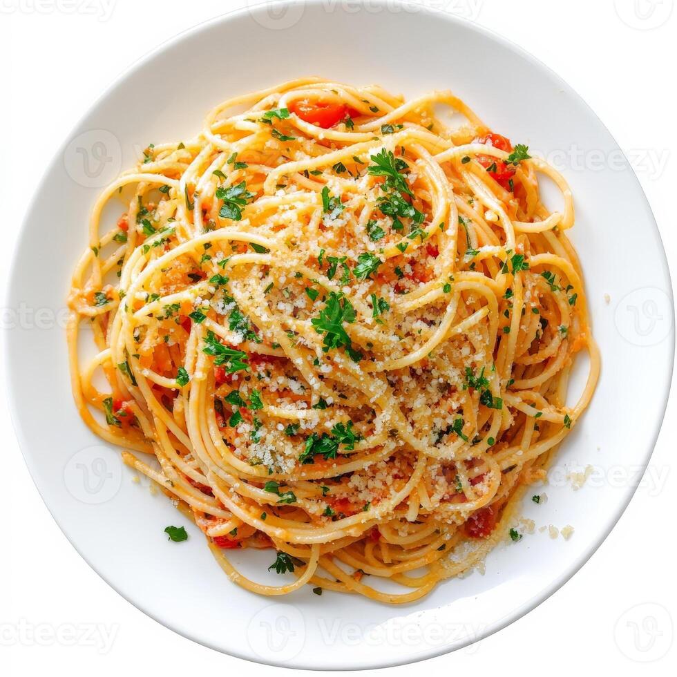 A plate of spaghetti alla carrettiera, featuring spaghetti tossed with a simple yet flavorful sauce made with tomatoes, garlic, onions, chili peppers, and pecorino romano cheese, a classic Sicilian pasta dish, garnished with fresh parsley and breadcrumbs, photo