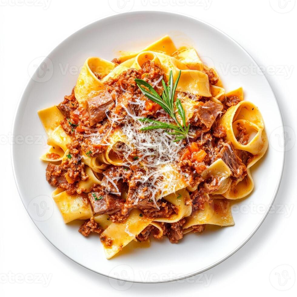 A plate of pappardelle with wild boar ragu, featuring wide, flat noodles tossed in a hearty and flavorful ragu made with slow-cooked wild boar meat, a rustic and flavorful Tuscan dish, garnished with grated pecorino romano cheese, isolated on clean white photo