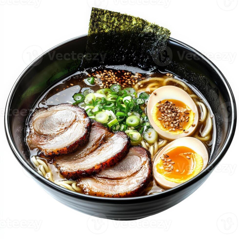 A steaming bowl of ramen with thin wheat noodles, tender slices of chashu pork, a soft-boiled egg, and a rich, umami-packed tonkotsu broth. The dish is garnished with scallions, nori, and sesame seeds. Isolated on clean white background photo