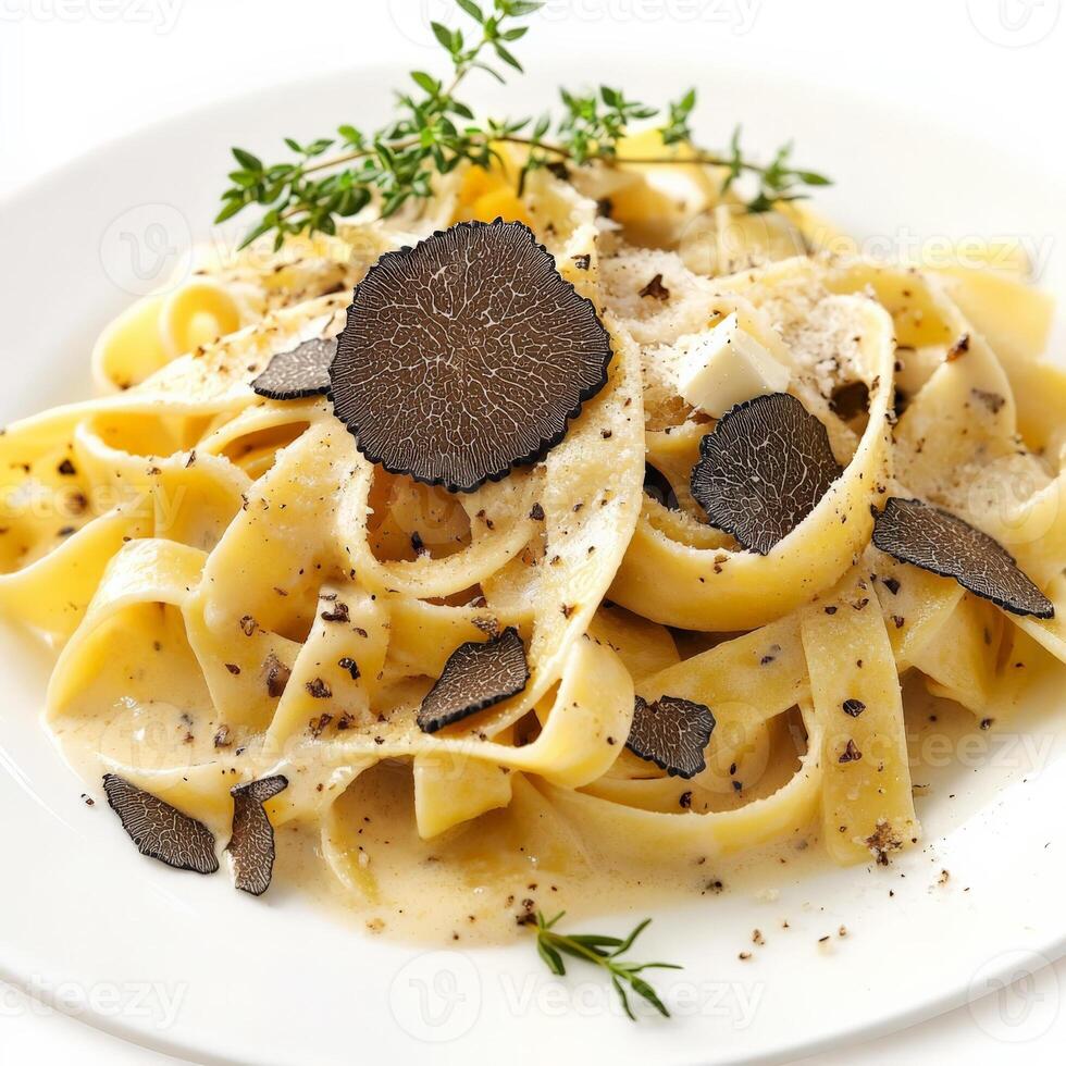 A plate of tagliatelle al tartufo nero, featuring long, flat noodles tossed in a rich and creamy sauce made with black truffles, cream, butter, and parmesan cheese, a luxurious and elegant pasta dish, garnished with freshly shaved black truffles and a spr photo