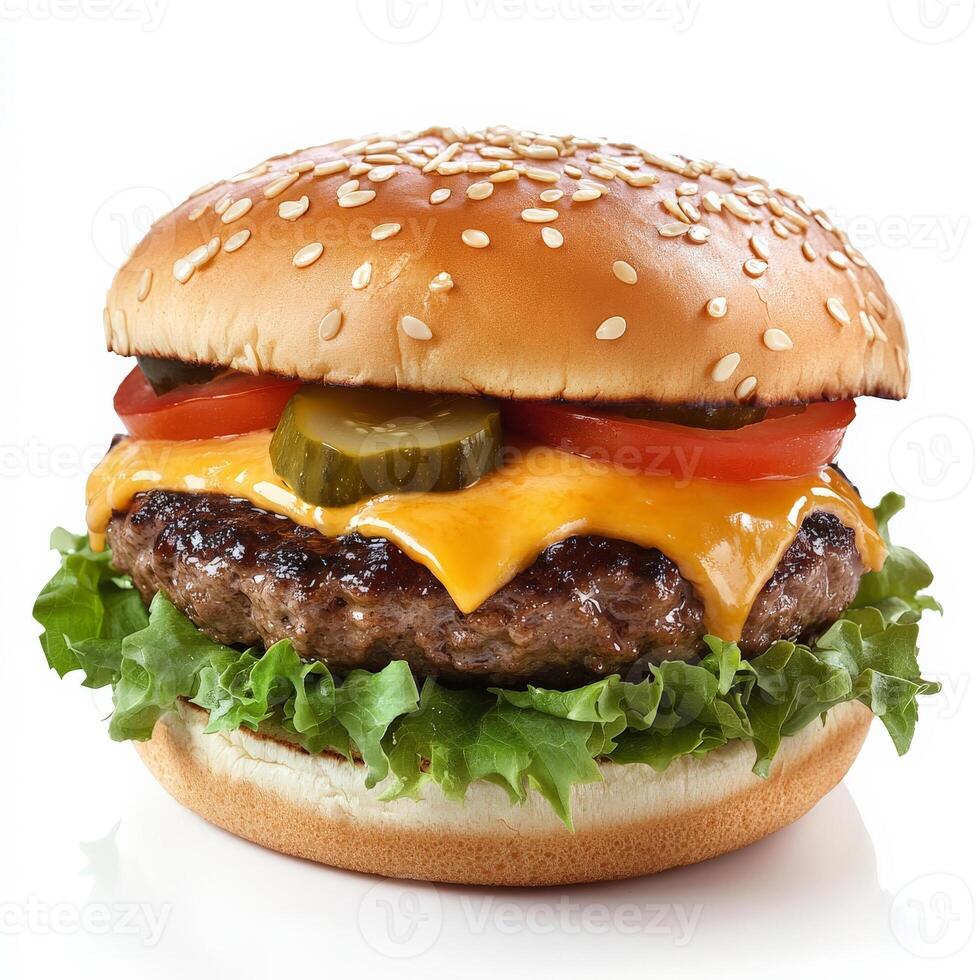 A gourmet cheeseburger with a perfectly seared beef patty, melted cheddar cheese, fresh lettuce, tomato slices, pickles, and a toasted sesame seed bun. A drizzle of special sauce enhances the flavors. Isolated on clean white background photo