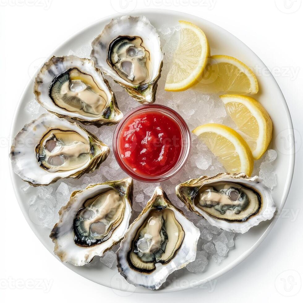 A plate of freshly shucked oysters on a bed of crushed ice, garnished with lemon wedges and a side of cocktail sauce. The oysters glisten with natural brine, ready to be enjoyed. Isolated on clean white background photo