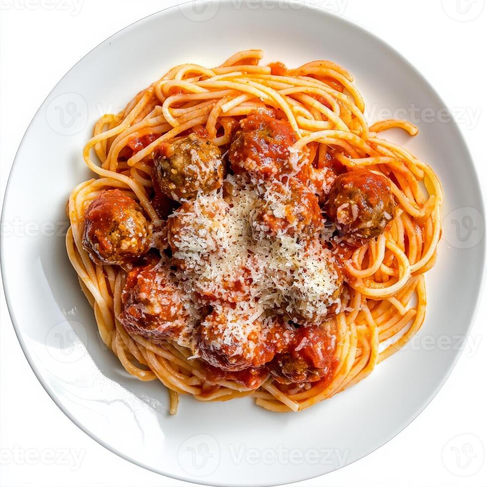 A plate of spaghetti alla chitarra, featuring square-shaped spaghetti made on a guitar-like tool, tossed with a simple tomato sauce and meatballs, a classic Abruzzese dish, garnished with grated pecorino romano cheese, isolated on clean white background. photo