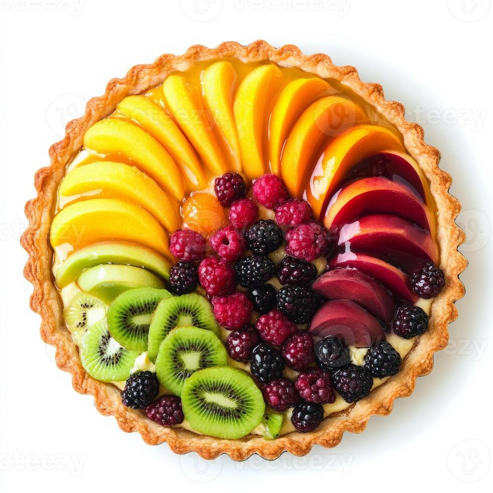 A vibrant and colorful tarte aux fruits, a French fruit tart, with a buttery crust filled with a creamy pastry cream and topped with fresh seasonal fruits, such as berries, kiwi, and peaches, arranged in a decorative pattern, showcasing the artistry of Fr photo