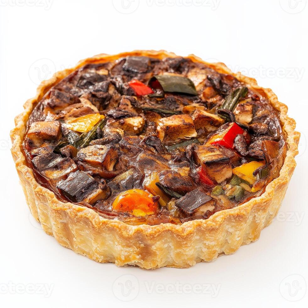 A close-up of a French quiche, transformed with the bold and spicy flavours of Mexican mole sauce, featuring a flaky pastry crust, filled with a creamy custard, vegetables, and mole-braised chicken, a unique and flavourful fusion dish, isolated on a clean photo