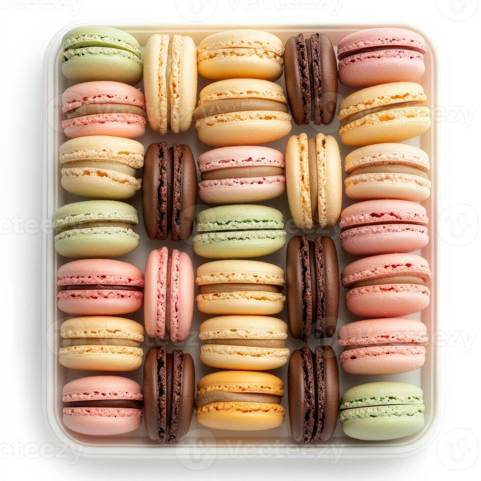 A tray of assorted French macarons in pastel colors, featuring flavors like raspberry, pistachio, vanilla, and chocolate, neatly arranged for an elegant presentation. Isolated on clean white background photo