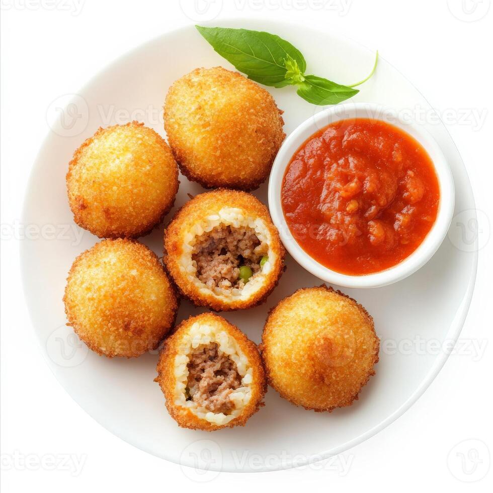 A plate of arancini, featuring crispy fried rice balls filled with various fillings, such as meat ragu, mozzarella cheese, or peas, served with a side of marinara sauce, a classic Sicilian street food, isolated on clean white background. photo