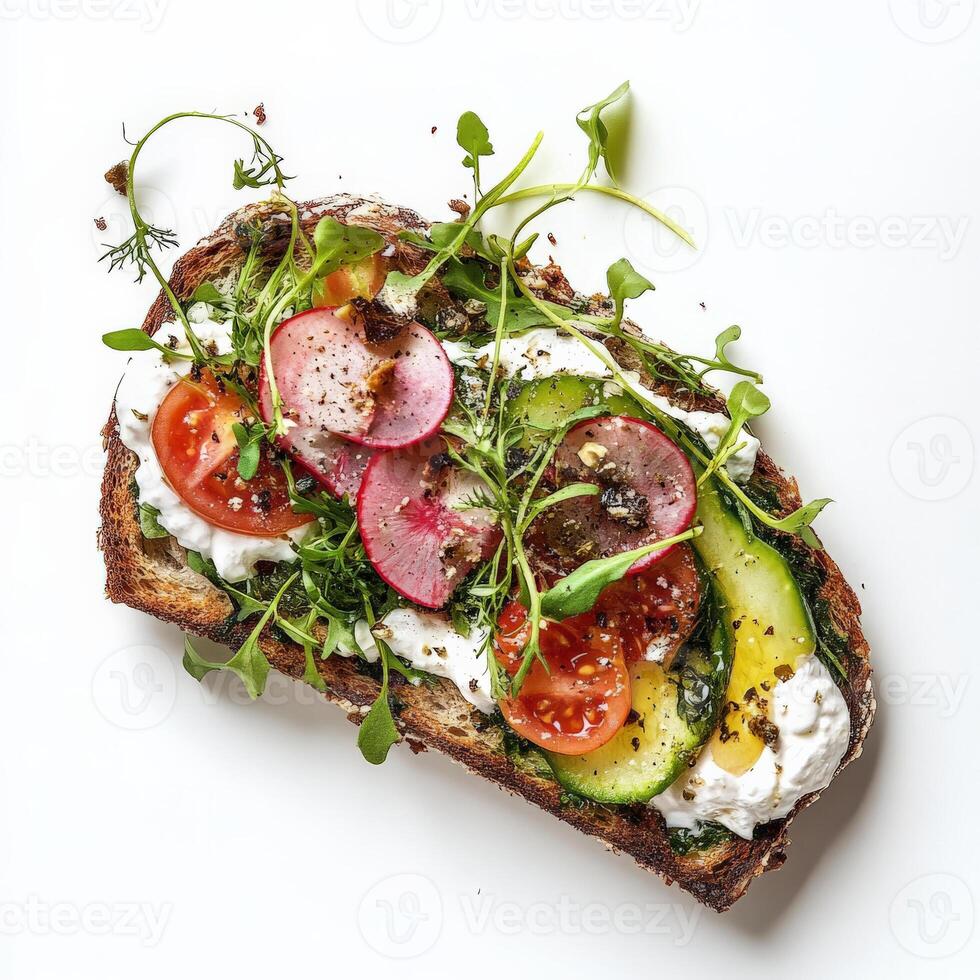 An open-faced sandwich, elevated with high-quality ingredients and artistic arrangement, showcasing how even seemingly simple dishes can be reimagined for haute cuisine, emphasizing balance and composition, isolated on clean white background. photo