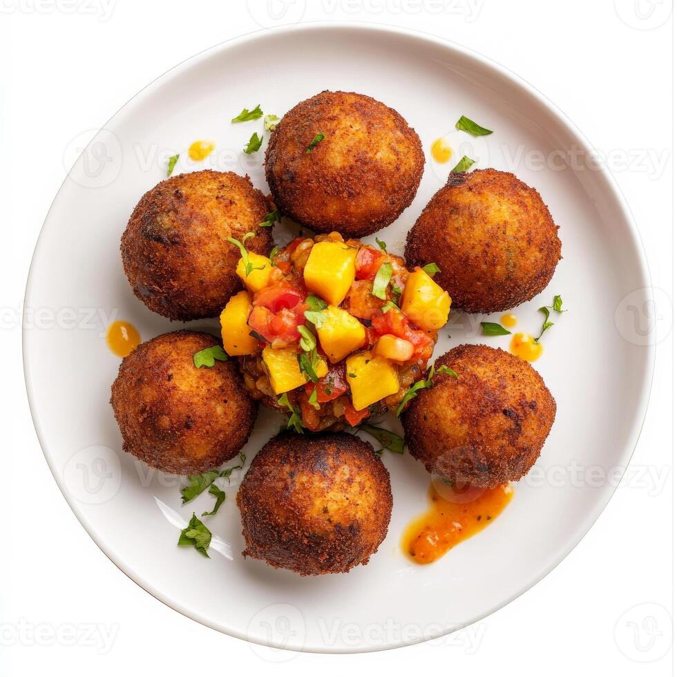 A plate of Italian arancini, infused with the vibrant spices and ingredients of Caribbean cuisine, featuring crispy fried rice balls filled with curried goat, mango salsa, and habanero aioli, a bold and flavorful take on a classic Italian appetizer, showc photo