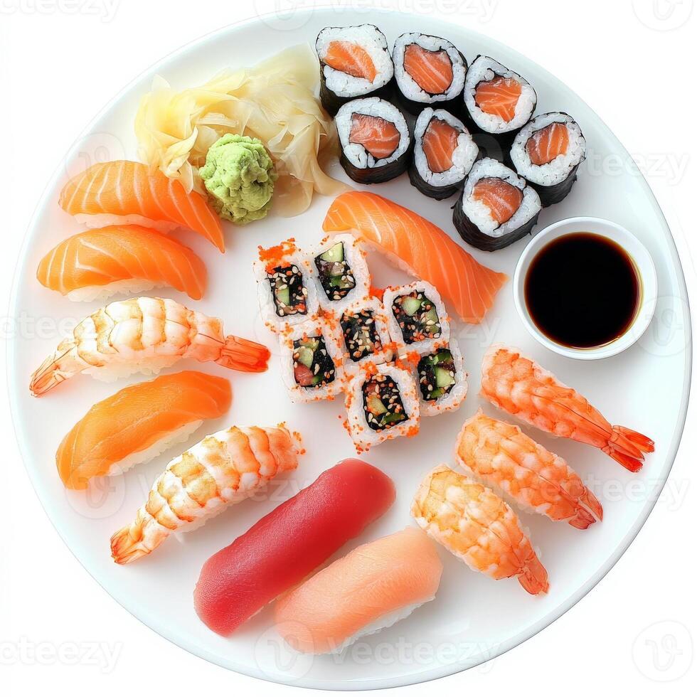 A vibrant sushi platter featuring an assortment of nigiri and maki rolls. Fresh salmon, tuna, and shrimp rest atop small mounds of perfectly seasoned rice, accompanied by wasabi, soy sauce, and pickled ginger. A feast for sushi lovers. Isolated on clean w photo