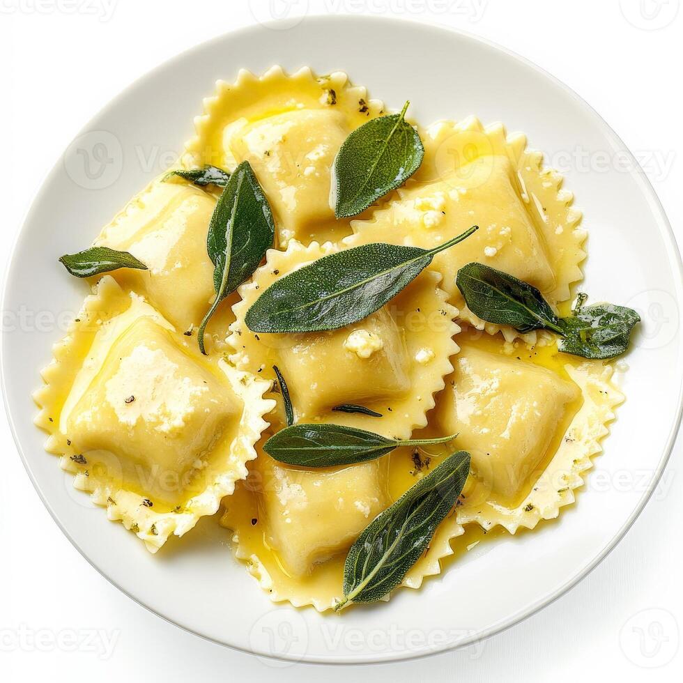 A plate of homemade ravioli, filled with creamy ricotta and spinach, coated in a rich sage butter sauce. The pasta is delicate and golden, making for an elegant Italian meal. Isolated on clean white background photo