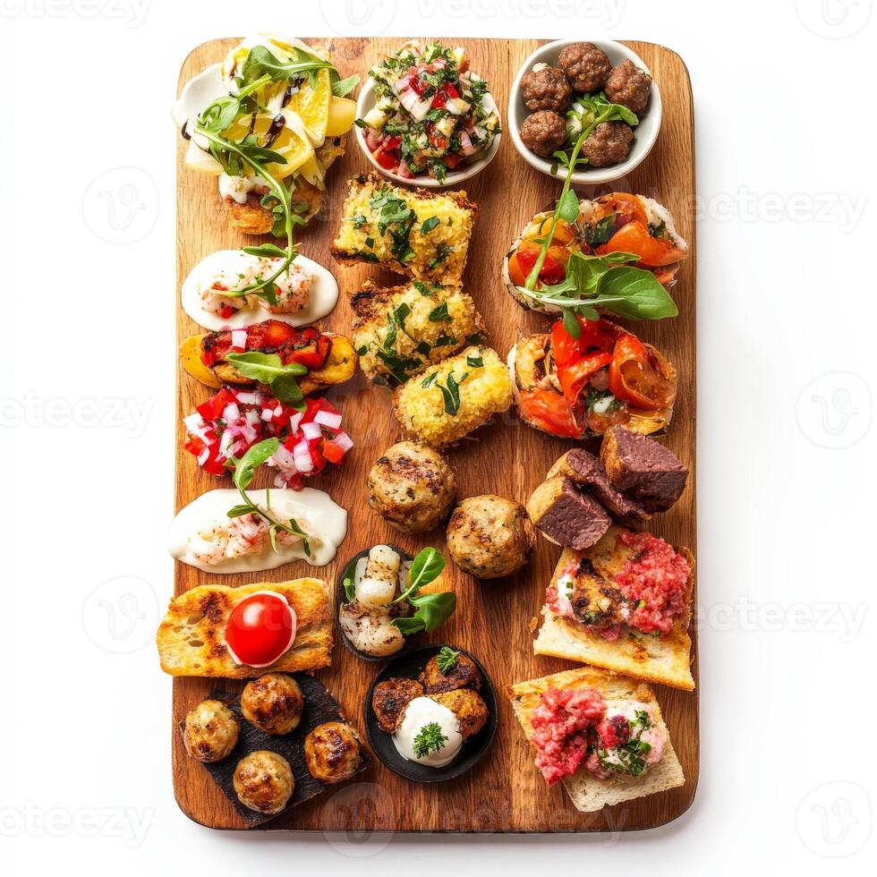 A vibrant platter of assorted cicchetti, Venetian-style tapas, featuring small plates of various savory snacks, such as seafood salad, meatballs, polenta cakes, and bruschetta, arranged attractively on a wooden board, perfect for sharing as an appetizer o photo