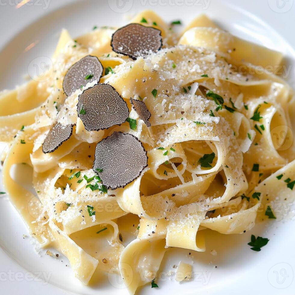 A plate of tagliatelle al tartufo estivo, featuring long, flat egg noodles, tossed in a creamy sauce, made with butter, parmesan cheese, and shaved summer truffles, resulting in a lighter yet flavorful version of the classic truffle pasta, garnished with photo