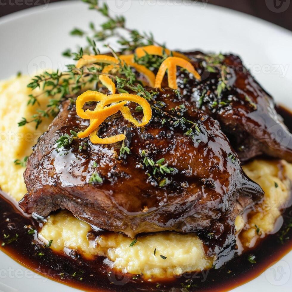 A plate of braised duck with balsamic vinegar and honey, featuring tender pieces of duck meat, braised slowly in a rich and tangy balsamic vinegar and honey sauce, balanced with savory herbs and spices, resulting in a complex and sophisticated Italian dis photo