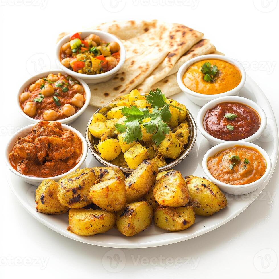 A plate of Spanish tapas, transformed with the fragrant spices and creamy textures of Indian cuisine, featuring small plates of spiced potatoes, chickpeas, vegetables, and chicken or lamb, served with naan bread and a variety of chutneys, a vibrant and fl photo