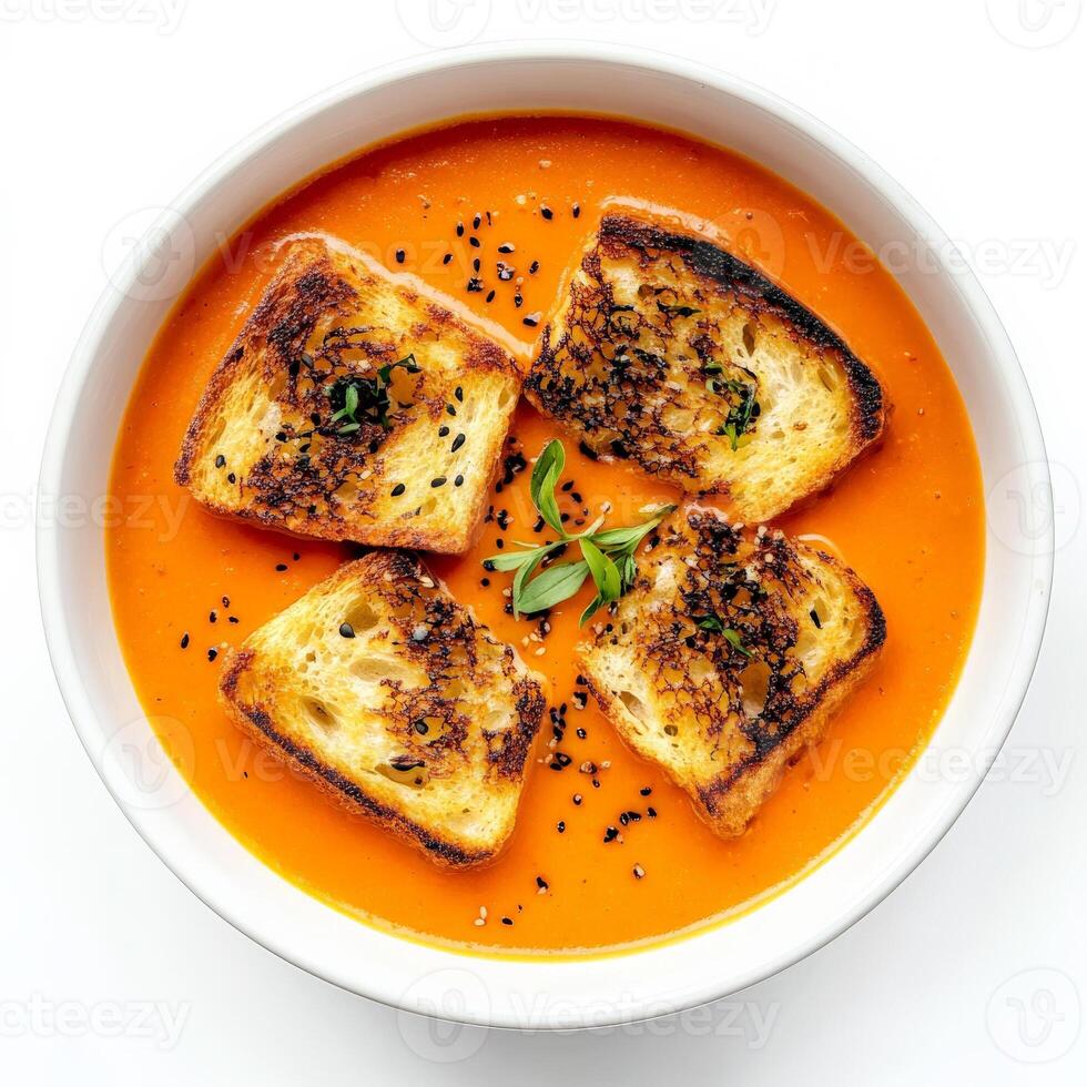 A creamy tomato soup, infused with the smoky flavours of chipotle peppers and the savory notes of Japanese miso paste, served with grilled cheese croutons filled with Oaxaca cheese and seaweed flakes, a unique and unexpected take on a comforting classic, photo