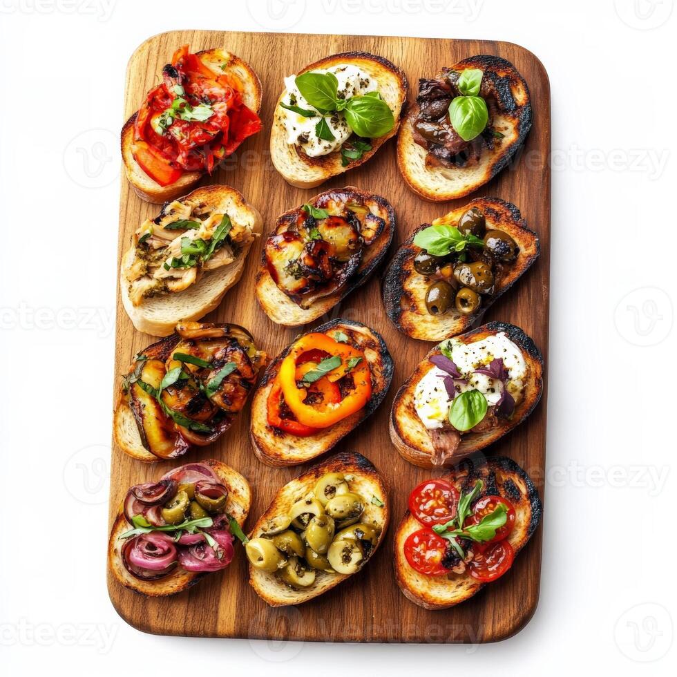 A vibrant platter of assorted crostini, featuring grilled bread topped with various toppings, such as chicken liver pate, olive tapenade, roasted vegetables, and fresh mozzarella, perfect for an appetizer or light snack, arranged artfully on a wooden boar photo
