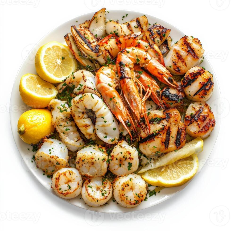 A vibrant platter of mixed grilled seafood, featuring shrimp, calamari, scallops, and fish, marinated in olive oil, lemon juice, and herbs, grilled until tender and slightly charred, served with a side of lemon wedges and a light vinaigrette, isolated on photo