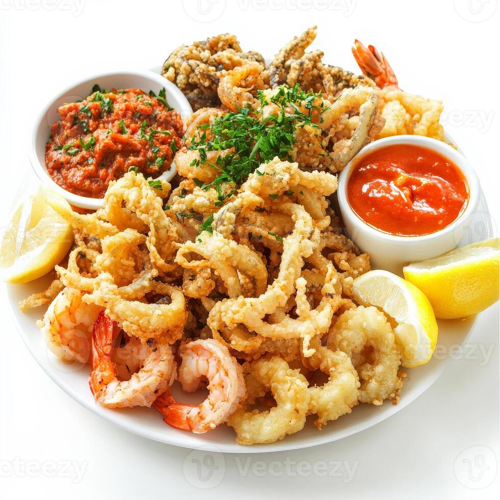 A vibrant platter of mixed fried seafood, featuring calamari, shrimp, and whitebait, battered and fried until crispy, served with a side of lemon wedges and marinara sauce, a popular Italian appetizer, isolated on clean white background. photo