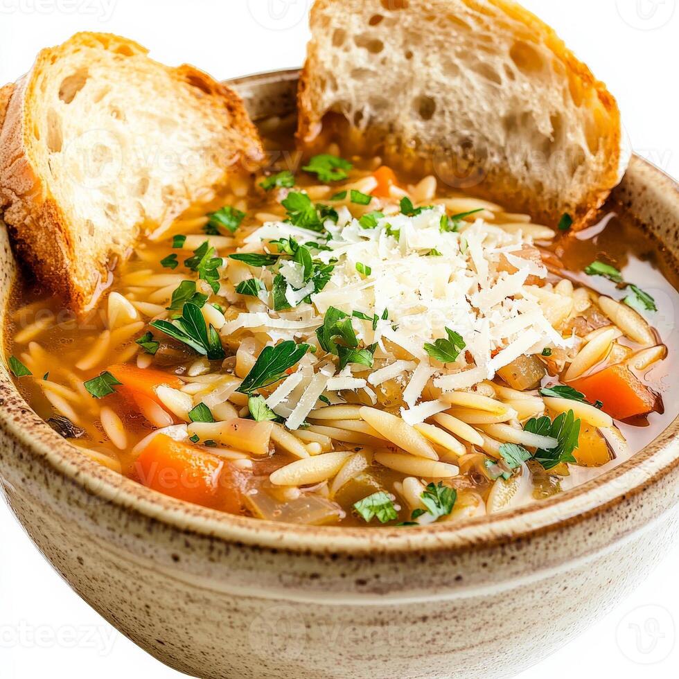 A close-up of a warm and comforting orzo soup, a hearty Italian soup with orzo pasta, vegetables, and chicken broth, simmered until thick and flavorful, garnished with grated parmesan cheese and fresh parsley, served in a rustic bowl with crusty bread, is photo
