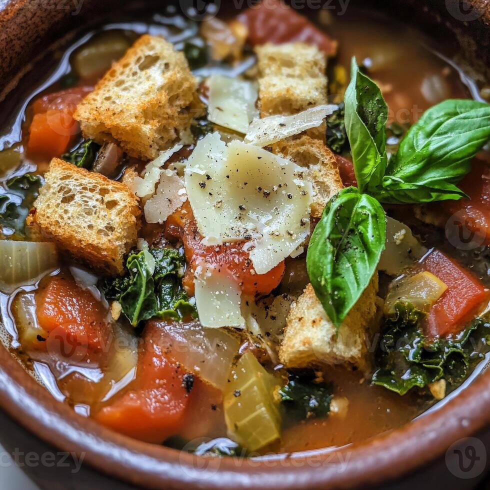 A close-up of a warm and comforting acquacotta soup, a hearty Italian bread and vegetable soup, with stale bread, tomatoes, onions, garlic, kale, and other seasonal vegetables, simmered in a flavorful broth until thick and flavorful, garnished with a driz photo
