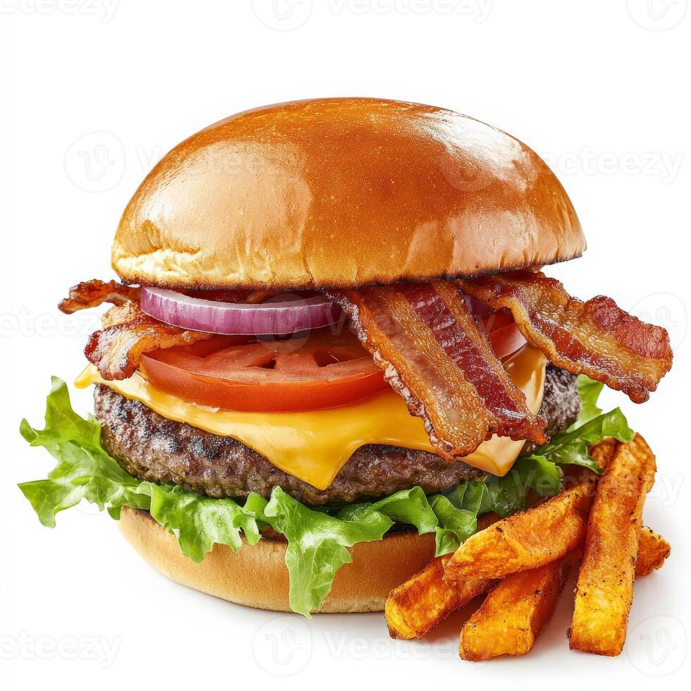 A gourmet burger with a juicy beef patty, melted cheddar cheese, crispy bacon, lettuce, tomato, red onion, and a toasted brioche bun, served with a side of sweet potato fries. Isolated on clean white background photo