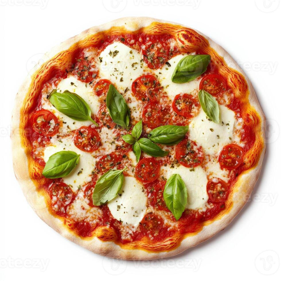 A rustic, hand-tossed Margherita pizza with a thin crust, topped with fresh tomato sauce, creamy mozzarella cheese, and aromatic basil leaves. A classic Italian dish. Isolated on clean white background photo