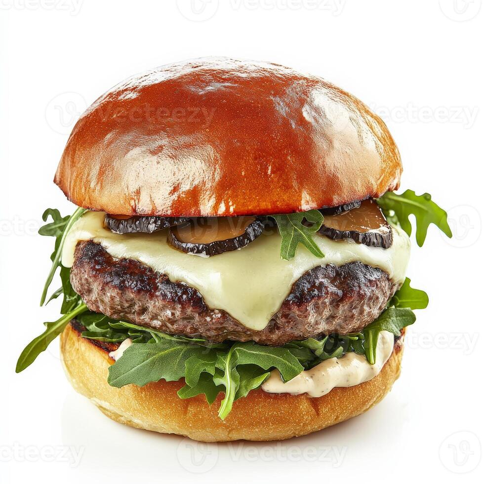 A gourmet truffle burger with a juicy beef patty, truffle aioli, melted Swiss cheese, and arugula, served on a toasted brioche bun. A luxurious twist on a classic burger. Isolated on clean white background photo