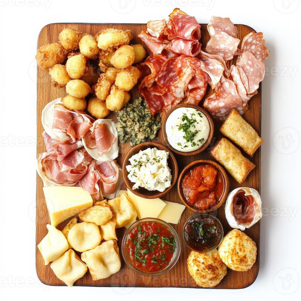 A vibrant platter of assorted gnocco fritto and tigelle, featuring crispy fried dough pillows and small flatbreads, served with a selection of cured meats, cheeses, and sauces for filling and dipping, a specialty from the Emilia-Romagna region, showcasing photo