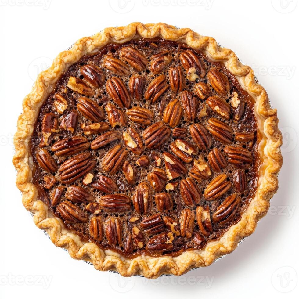 A freshly baked pecan pie with a caramelized, nutty topping and a buttery, flaky crust. The glossy pecans are arranged beautifully on the surface, making for a stunning holiday dessert. Isolated on clean white background photo