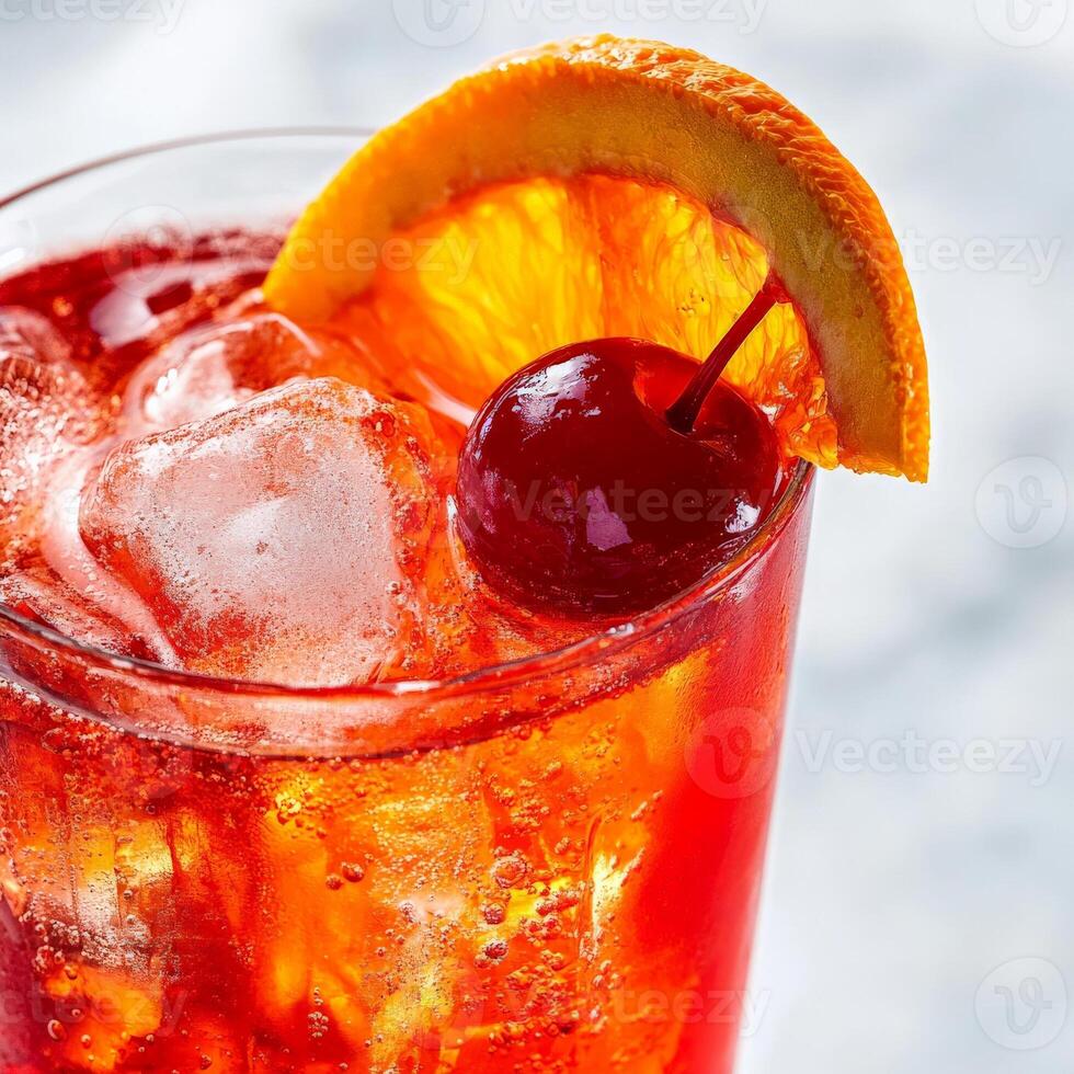 A close-up of a refreshing Campari Orange cocktail, a classic Italian drink, made with Campari, orange juice, and a splash of soda water, served in a highball glass filled with ice, garnished with an orange slice, and a vibrant red cherry, showcasing the photo