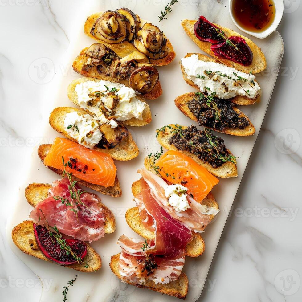 A vibrant platter of assorted crostini with elegant toppings, featuring grilled bread topped with smoked salmon and cream cheese, roasted beet and goat cheese, prosciutto and fig jam, and mushroom and truffle pate, arranged artfully on a marble board, per photo