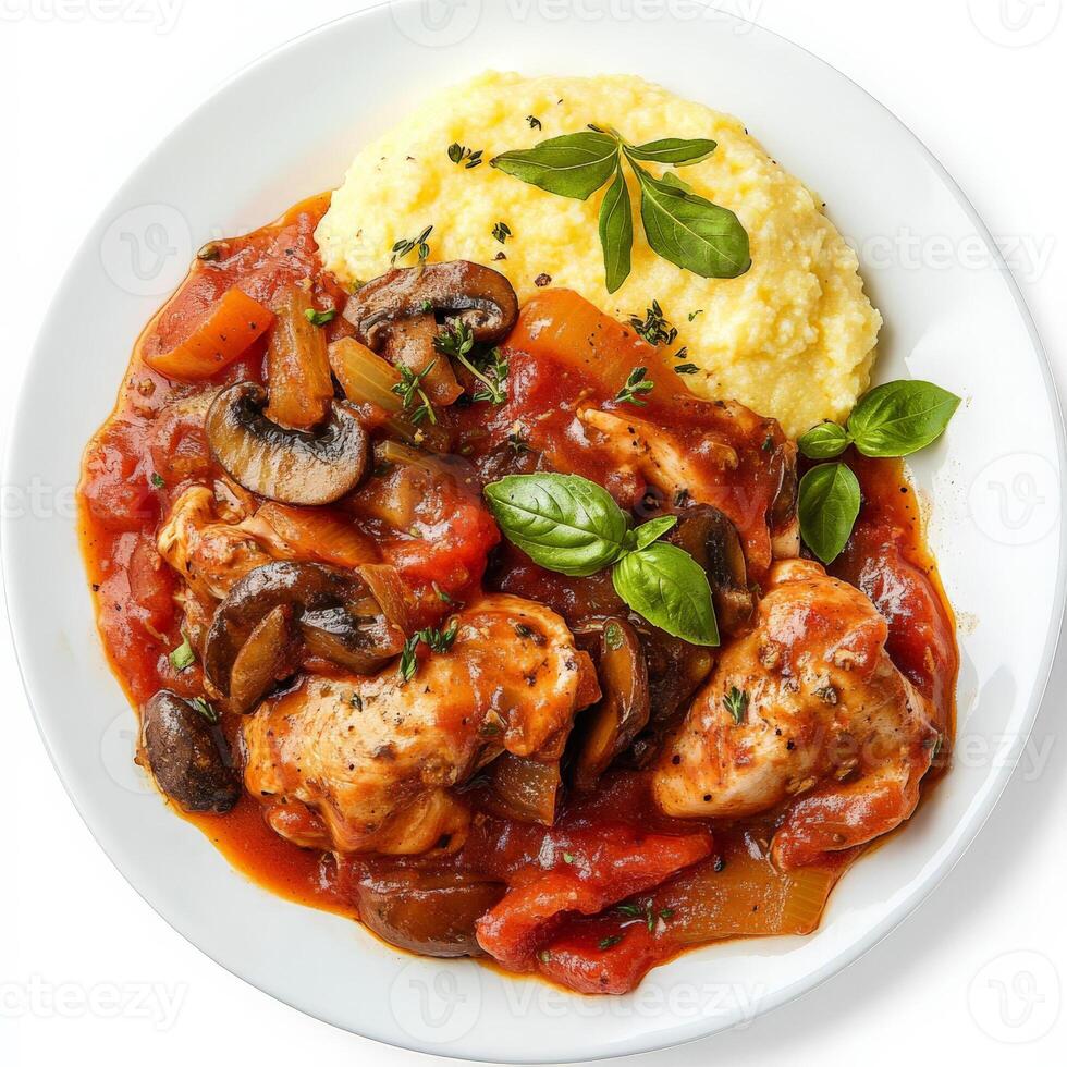 A plate of chicken cacciatore, featuring chicken braised in a rich tomato sauce with onions, peppers, mushrooms, and herbs, a flavorful and comforting Italian stew, served with a side of polenta, isolated on clean white background. photo