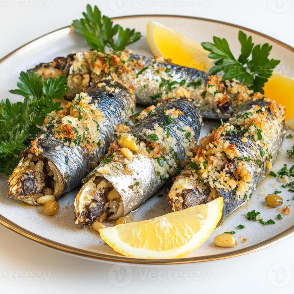 A plate of sarde a beccafico, featuring fresh sardines, stuffed with a flavorful mixture of breadcrumbs, pine nuts, currants, parsley, and orange zest, rolled up and baked with bay leaves and white wine, resulting in a unique and delicious seafood dish, c photo