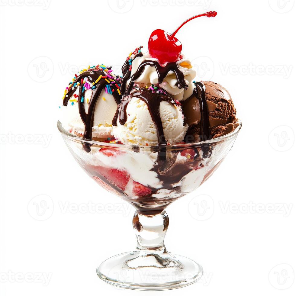 A glass bowl with ice cream, chocolate, and cherries photo