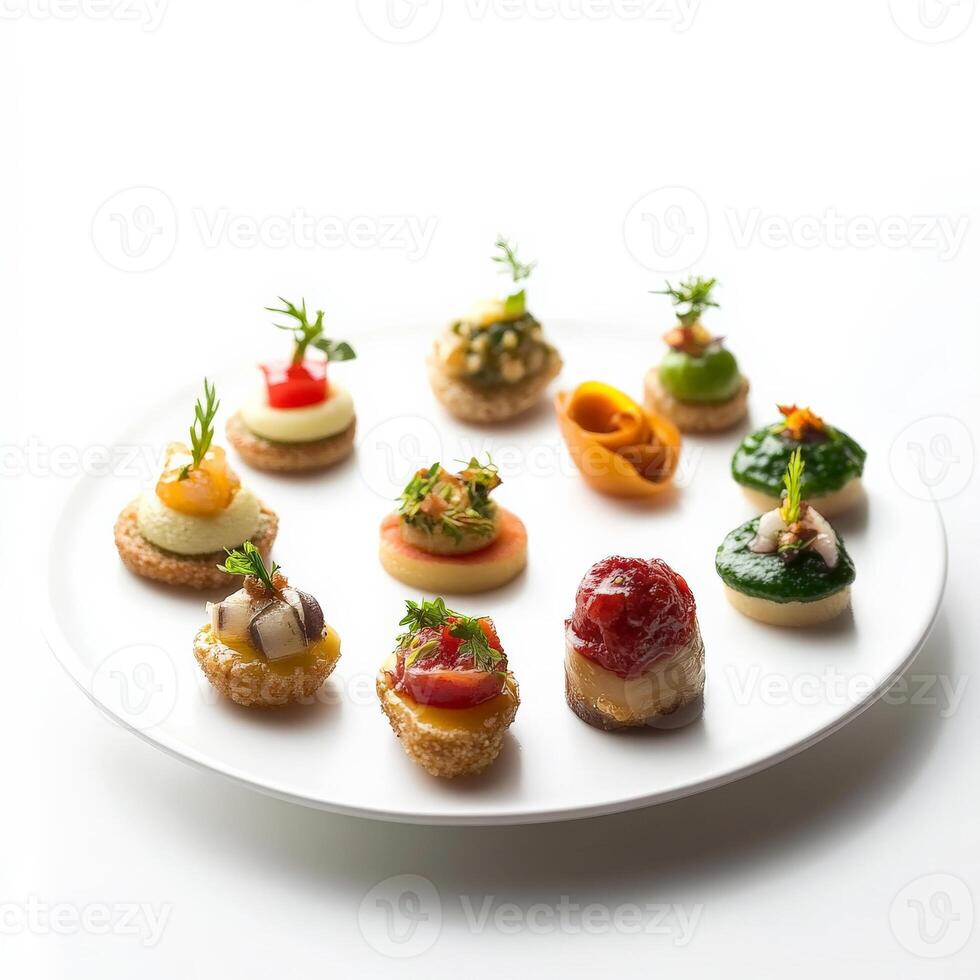 A plate of appetizers on a white surface photo