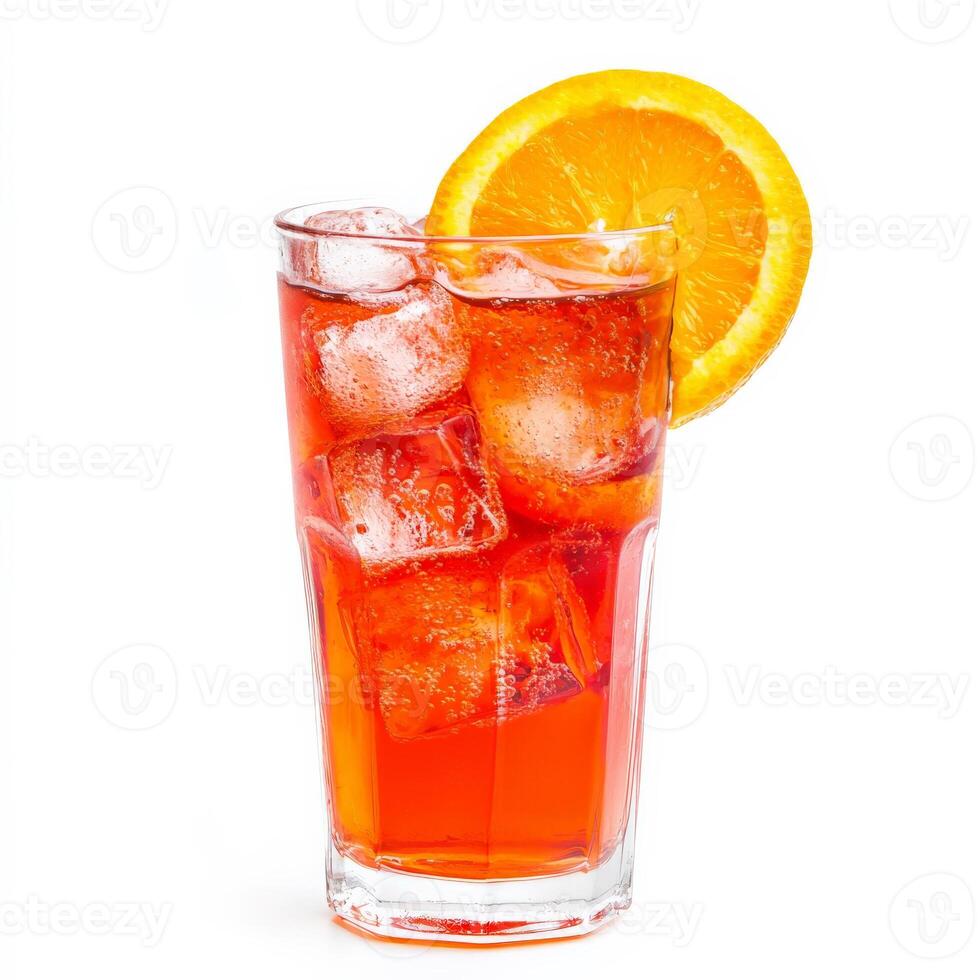 A glass of red drink with ice and an orange slice photo