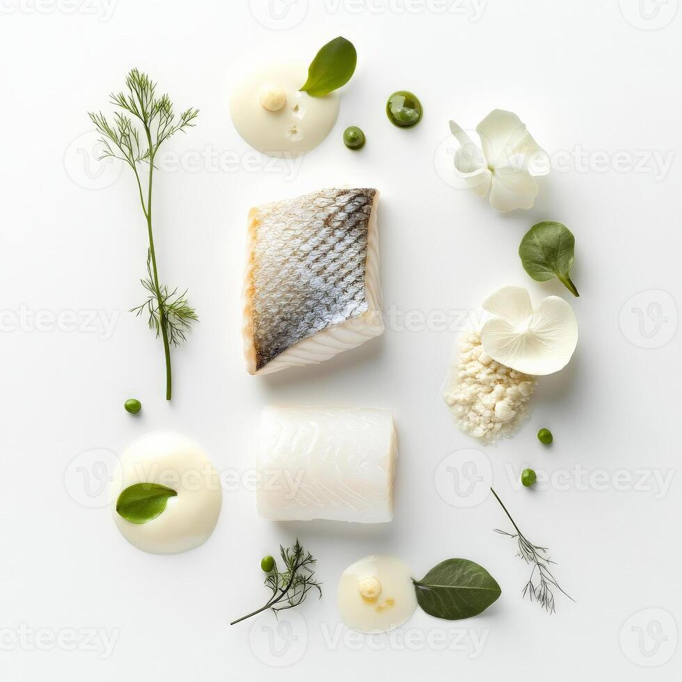 Fish and vegetables arranged in a circle on a white surface photo