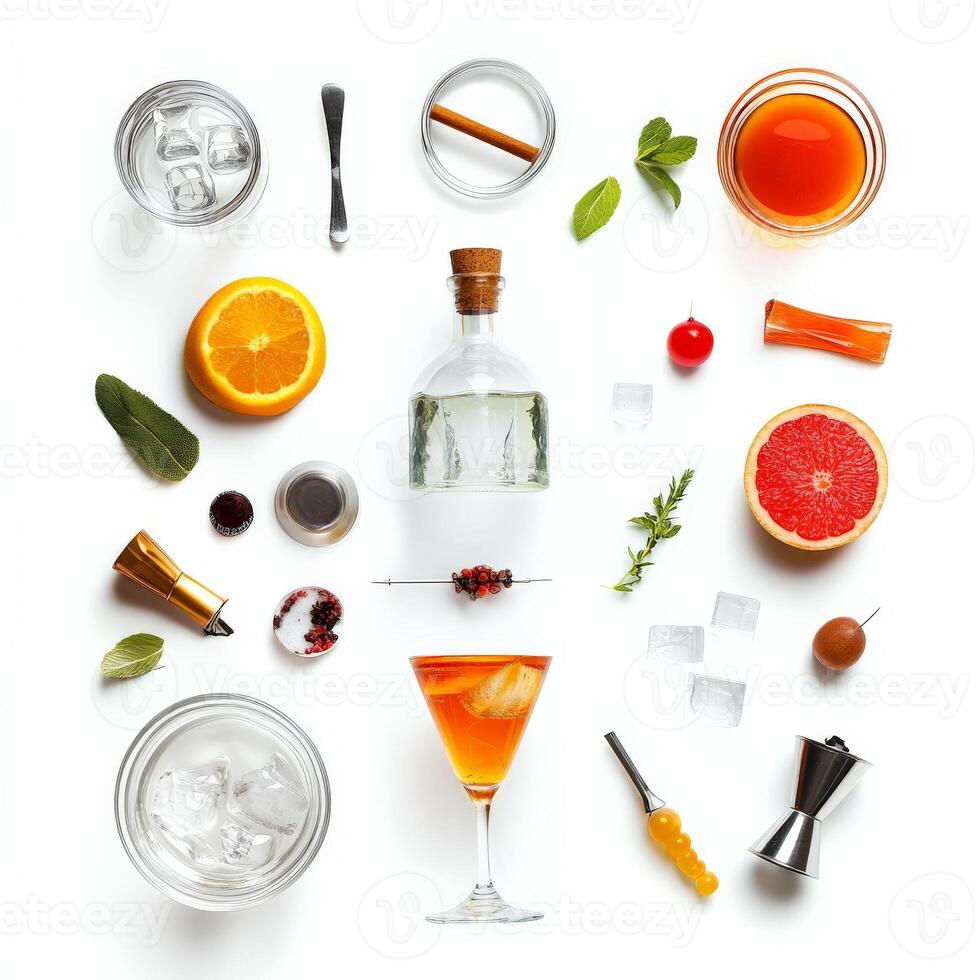 Various drinks and ingredients arranged in a circle photo
